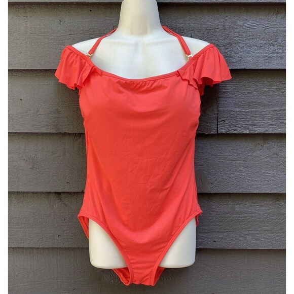 Vince Camuto Women's Size 12 Orange Red One Piece Ruffle Sleeve Swimsuit - Picture 2 of 12